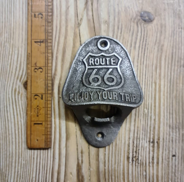 Bottle Opener Wall Mounted ROUTE 66 ENJOY TRIP Cast Antique Iron