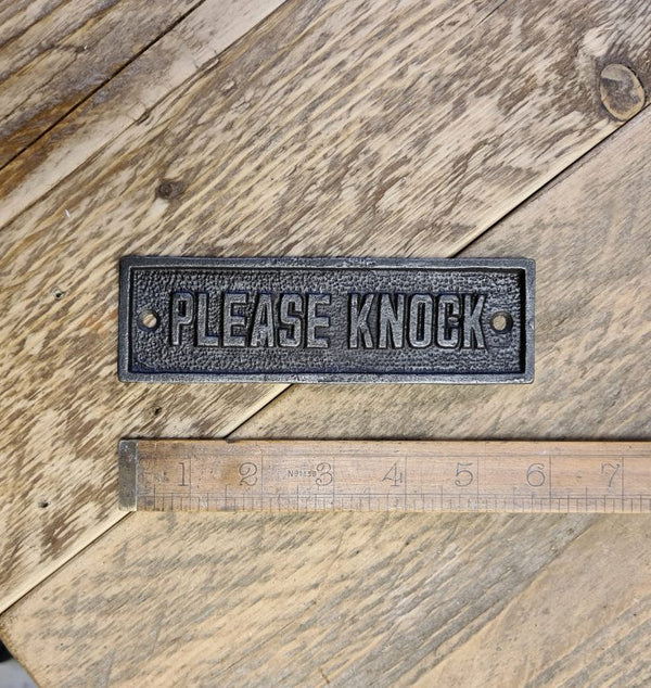 Plaque PLEASE KNOCK Cast Antique Iron - 145mm x 45mm